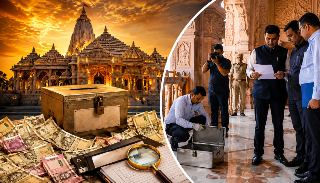 राम मंदिर चढ़ावा जांच रिपोर्ट से जुड़ी सांकेतिक तस्वीर, मंदिर परिसर में जांच करते अधिकारी और दान पेटी का दृश्य।
