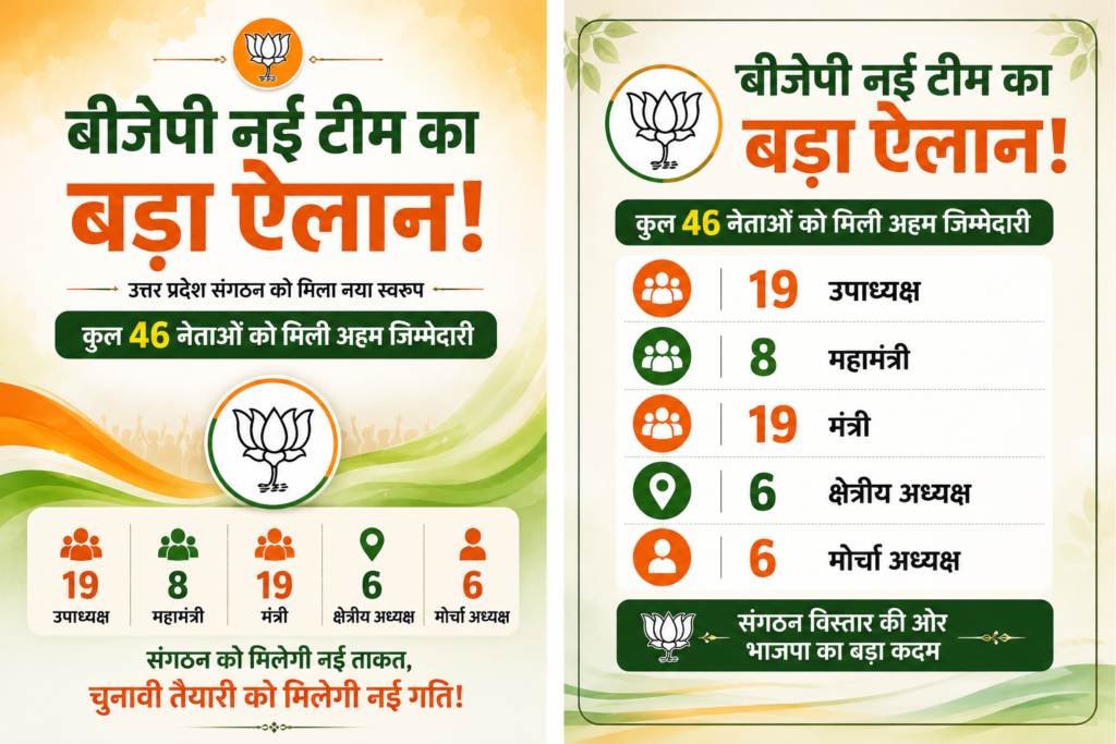 बीजेपी नई टीम की घोषणा के बाद प्रदेश अध्यक्ष पंकज चौधरी द्वारा उत्तर प्रदेश संगठन के नए पदाधिकारियों और क्षेत्रीय अध्यक्षों की सूची जारी करते हुए।