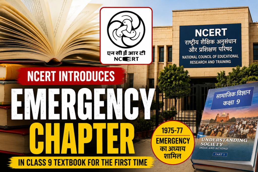 NCERT आपातकाल पाठ्यक्रम के तहत कक्षा 9 की सामाजिक विज्ञान की नई पुस्तक में 1975-77 के Emergency और लोकतंत्र की चुनौतियों को शामिल किया गया।