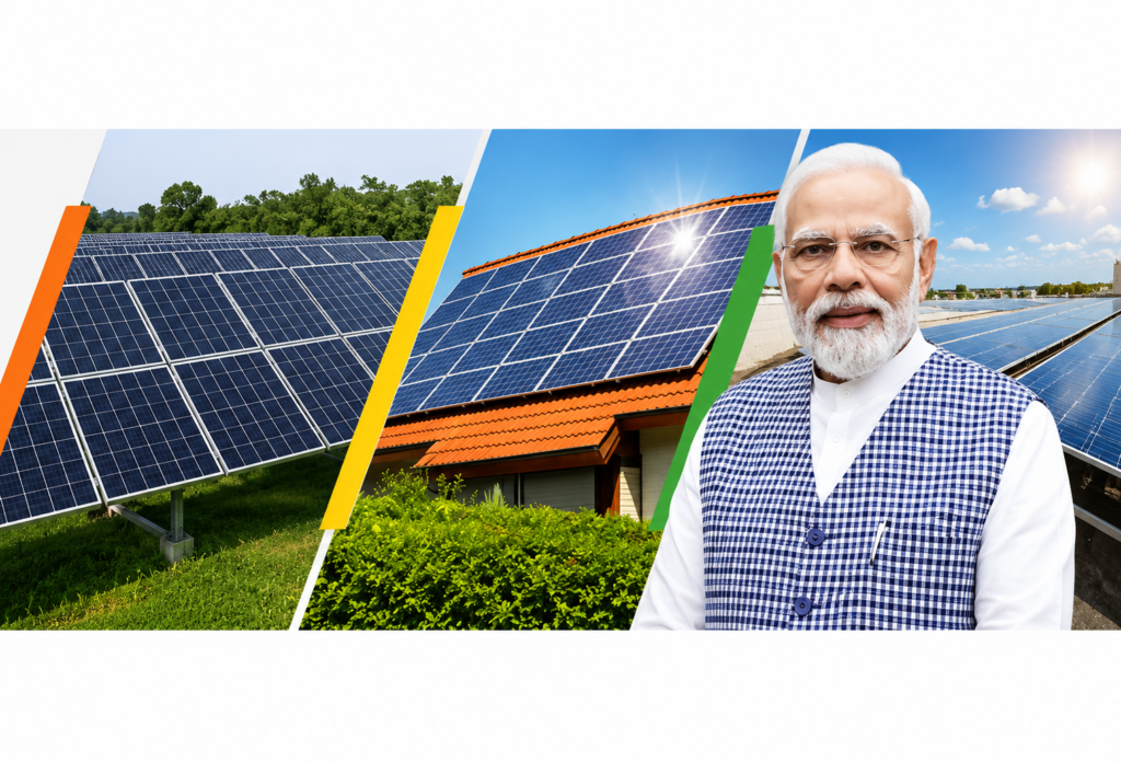 पीएम सूर्य घर योजना के तहत सोलर रूफटॉप और प्रधानमंत्री नरेंद्र मोदी की तस्वीर को दर्शाती सांकेतिक छवि, जो उत्तर प्रदेश में सौर ऊर्जा स्थापना की बढ़ती उपलब्धियों को दर्शाती है।