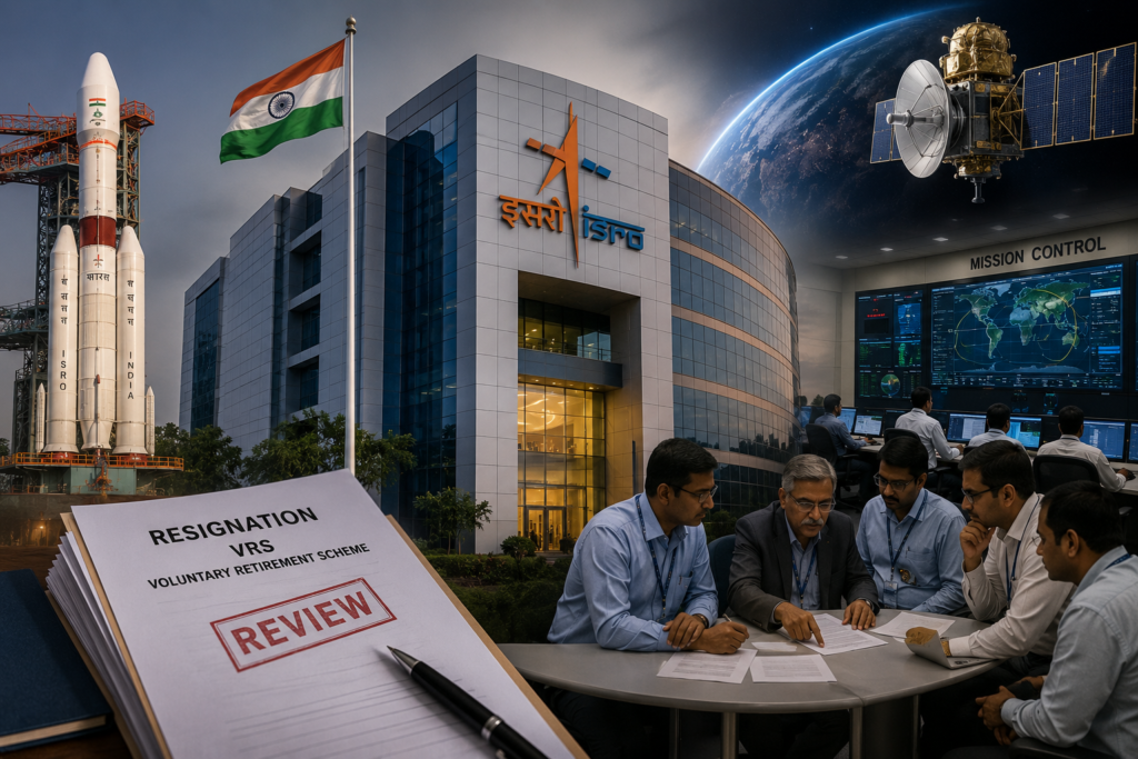 ISRO मुख्यालय का प्रतीकात्मक दृश्य, जहां वैज्ञानिकों के इस्तीफे और नए सरकारी नियमों को दर्शाया गया है।