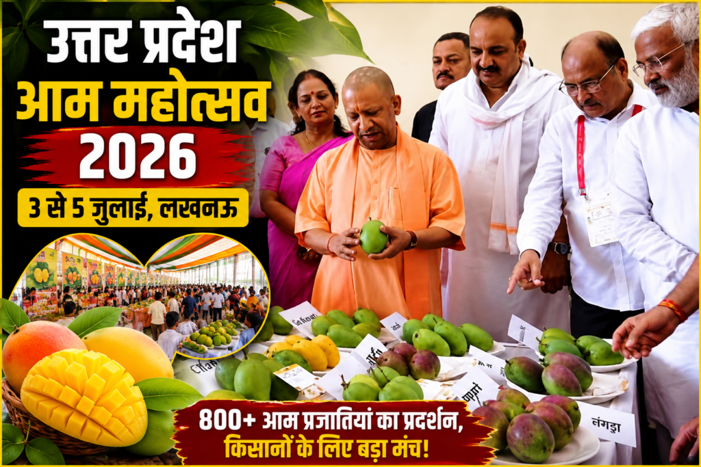 मुख्यमंत्री योगी आदित्यनाथ उत्तर प्रदेश आम महोत्सव 2026 में विभिन्न आम की प्रजातियों का अवलोकन करते हुए।