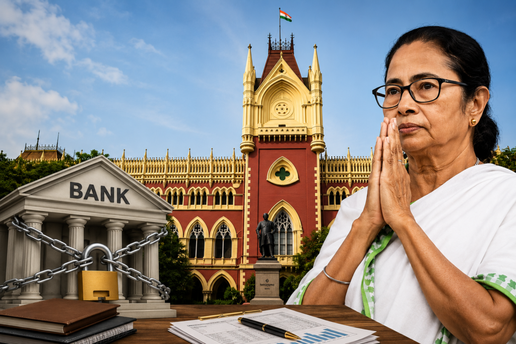 कलकत्ता हाई कोर्ट की पृष्ठभूमि में ममता बनर्जी और फ्रीज बैंक खातों का प्रतीकात्मक दृश्य।