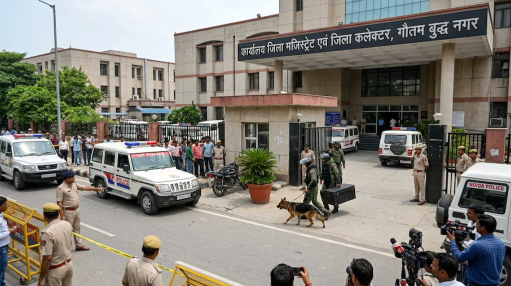 नोएडा के जिलाधिकारी (डीएम) कार्यालय के बाहर सुरक्षा जांच के दौरान पुलिस, बॉम्ब डिस्पोजल स्क्वाड और डॉग स्क्वाड तैनात।