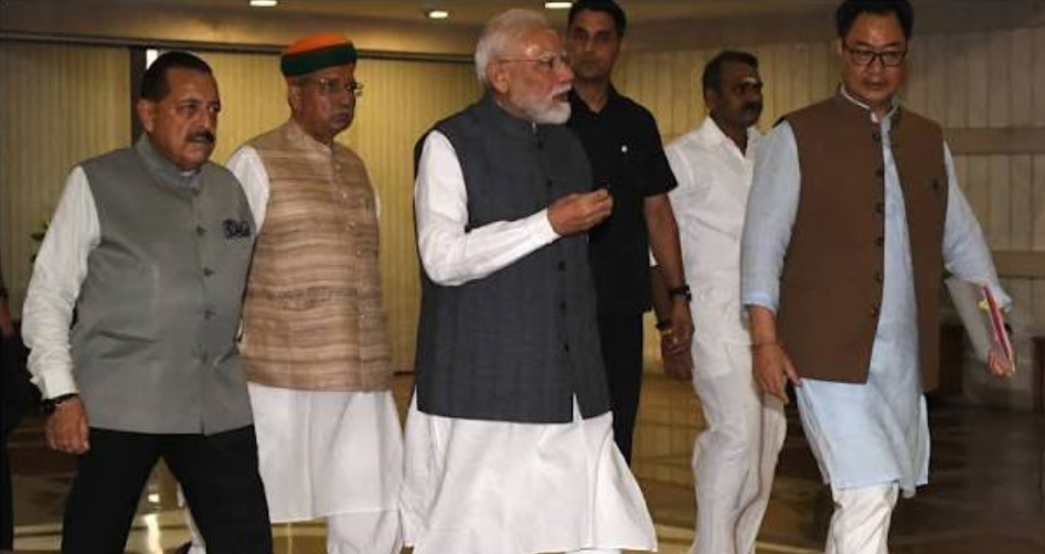 Prime Minister Narendra Modi addressing the NDA parliamentary party during the Mangal Milan meeting in Parliament.