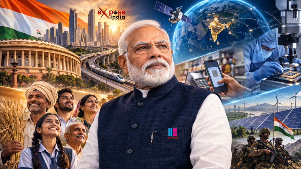 प्रधानमंत्री नरेंद्र मोदी के साथ संसद, आधुनिक भारत की आधारभूत संरचना, डिजिटल भुगतान, सेमीकंडक्टर, सौर ऊर्जा, अंतरिक्ष तकनीक और आम नागरिकों को दर्शाती विशेष रिपोर्ट की तस्वीर