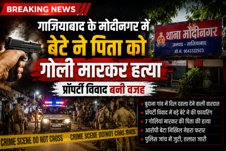 मोदीनगर के बुदाना गांव में 150 करोड़ की संपत्ति विवाद में पिता की हत्या के बाद मौके पर पहुंची पुलिस।